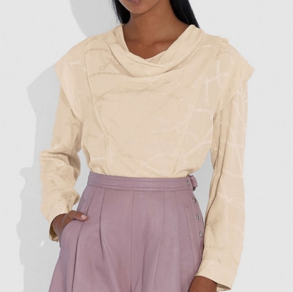 Coach 1941 Cream Satin Neutral Chain Jacquard Cowl Neck Long Sleeve Blouse Shirt